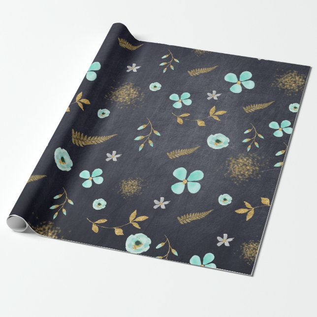 Blue and Gold Watercolor Spring Wrapping Paper (Unrolled)