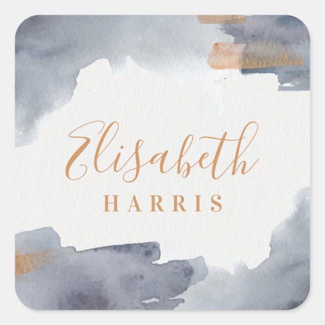 Blue and Gold Watercolor Swash Square Sticker (Front)