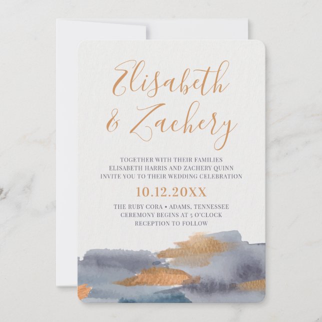Blue and Gold Watercolor Swash Wedding Invitation (Front)