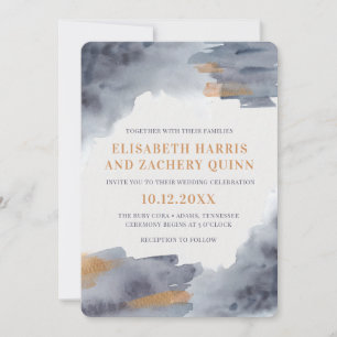 Blue and Gold Watercolor Swash Wedding Invitation