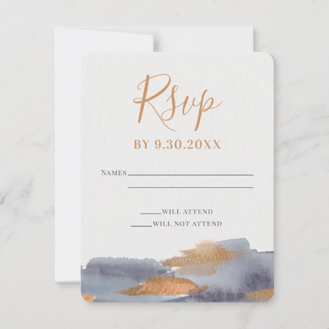 Blue and Gold Watercolor Swash Wedding RSVP Card (Front)