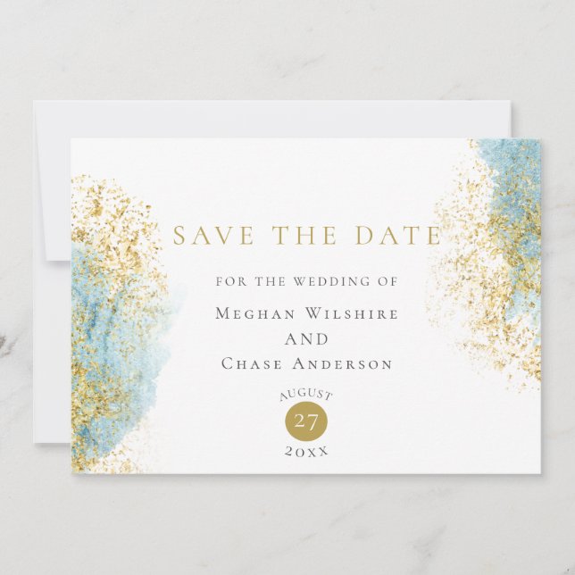 Blue and Gold  Watercolor Wash Save the Date (Front)
