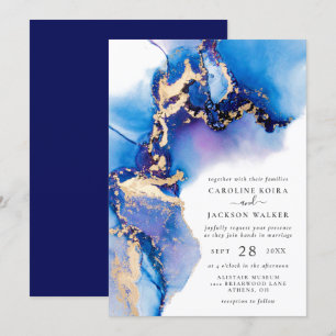 Blue and Gold Watercolor Wedding Invitation