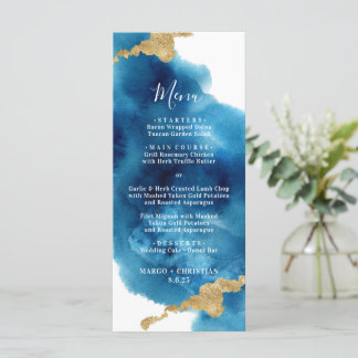 Blue and Gold Watercolor Wedding Menu