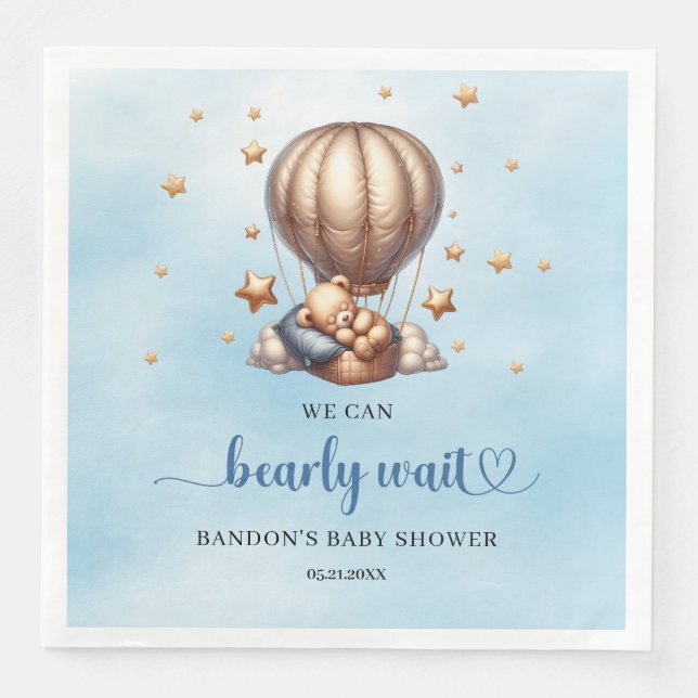 Blue and gold We can bearly wait teddy bear Napkin (Front)