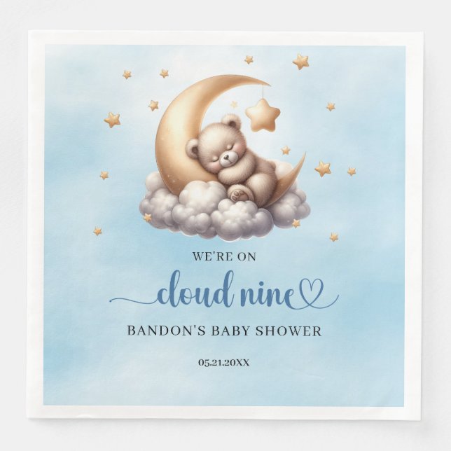 Blue and gold We're on cloud nine teddy bear boy Napkin (Front)