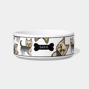 Blue And Gold Yorkie Dogs Pattern & Name Bowl