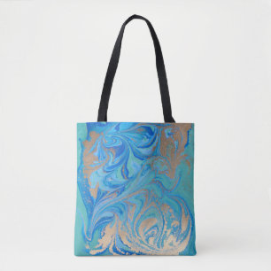 Blue and golden liquid texture tote bag