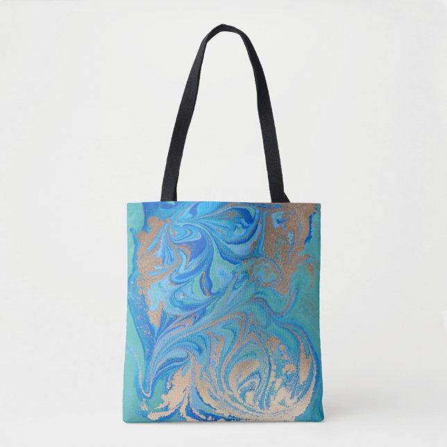Blue and golden liquid texture tote bag (Front)