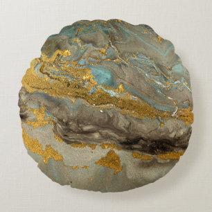 Blue and golden marble pattern round pillow