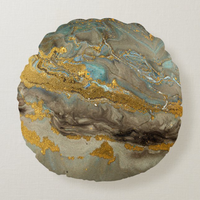 Blue and golden marble pattern round pillow (Front)