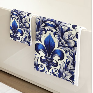 Blue and Gray Fleur de lis  Bath Towel Set