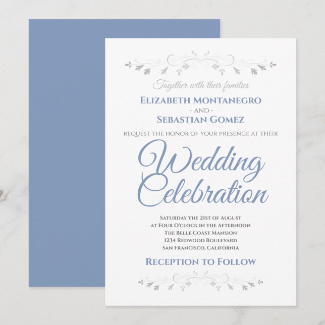 Blue and Gray Simple Elegant Wedding Invitation (Front/Back)