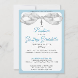 Blue and Gray Watercolor Bow & Cross Baptism Invitation
