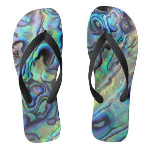 Blue and green abalone shell design flip flops