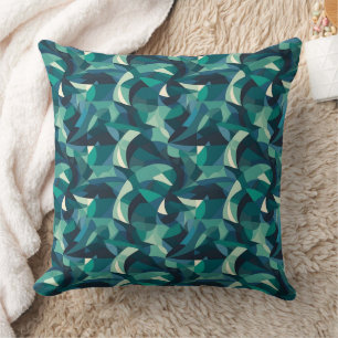 Blue and green abstract shapes pattern throw pillow