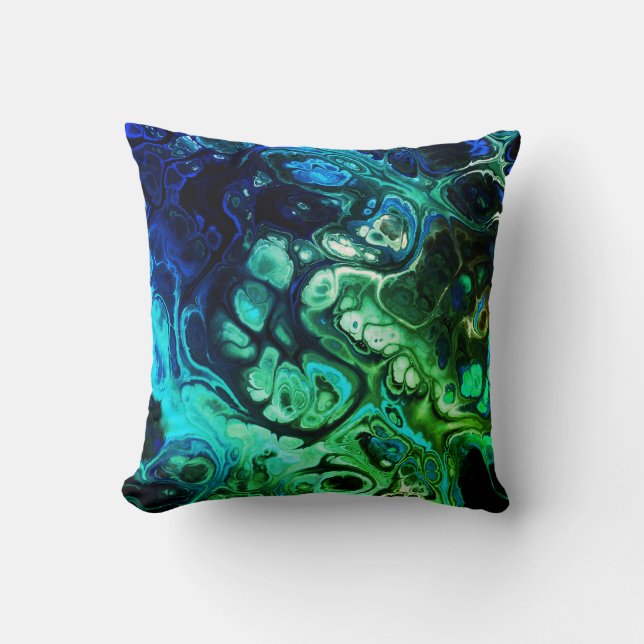 Blue and green abstract tie dye marble throw pillow (Front)