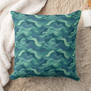 Blue and green abstract Waves Throw Pillow
