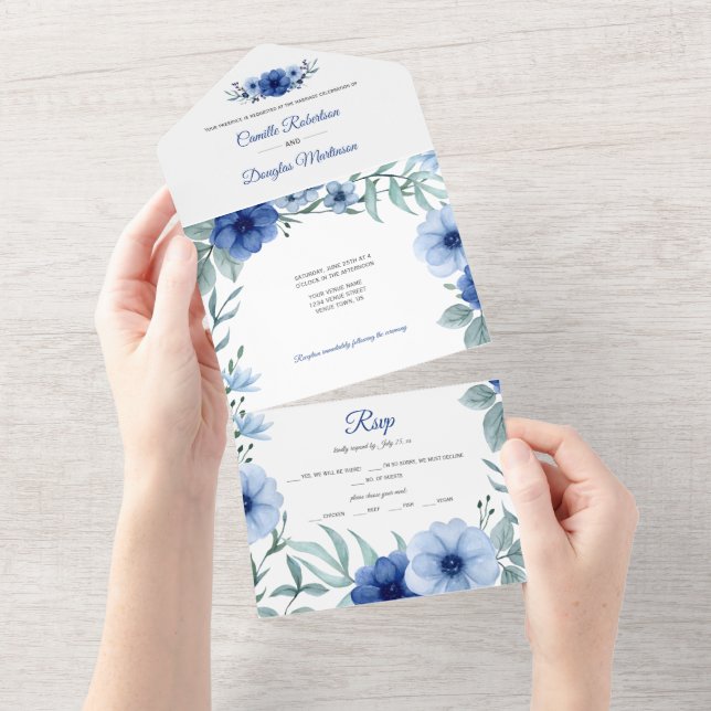 Blue and Green Anemone Floral |  All In One Invitation (Tearaway)