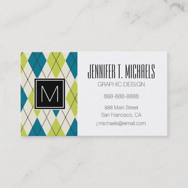 Blue And Green Argyle Business Card (Front)