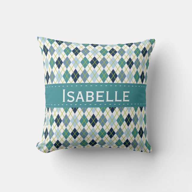 Blue and Green Argyle Diamond Pattern Throw Pillow (Front)