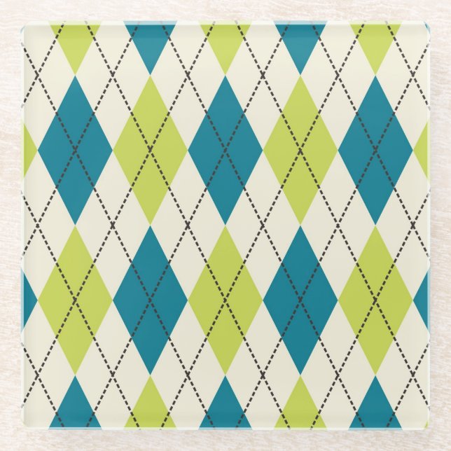 Blue And Green Argyle Glass Coaster (Front)