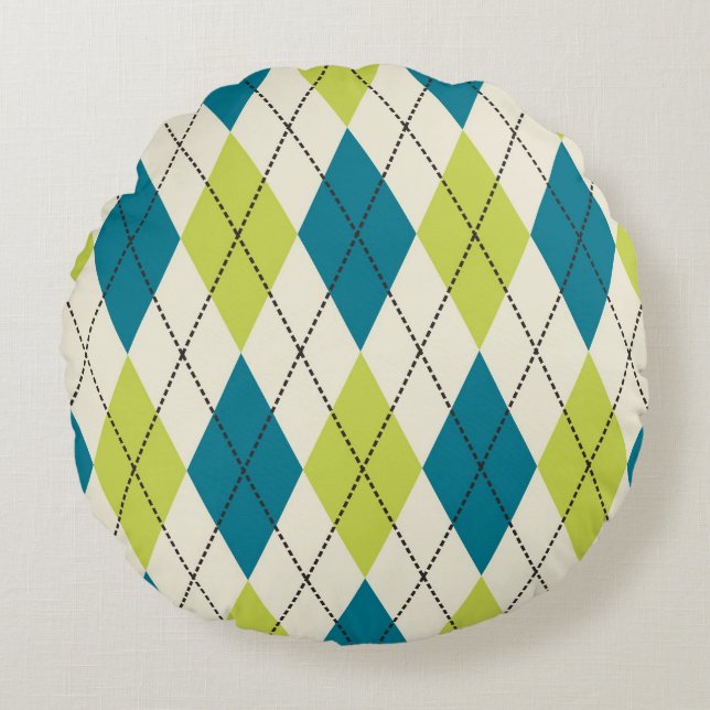 Blue And Green Argyle Round Pillow (Front)