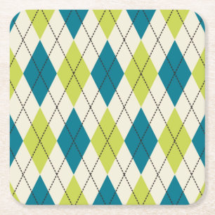 Blue And Green Argyle Square Paper Coaster