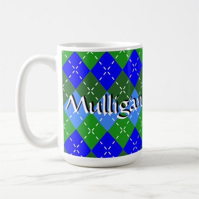 Blue and Green Argyle White Stitching Personalized Coffee Mug (Left)