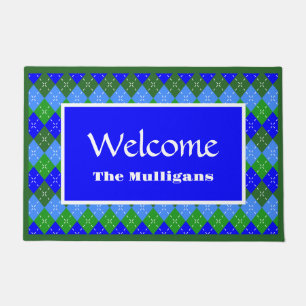 Blue and Green Argyle White Stitching Personalized Doormat