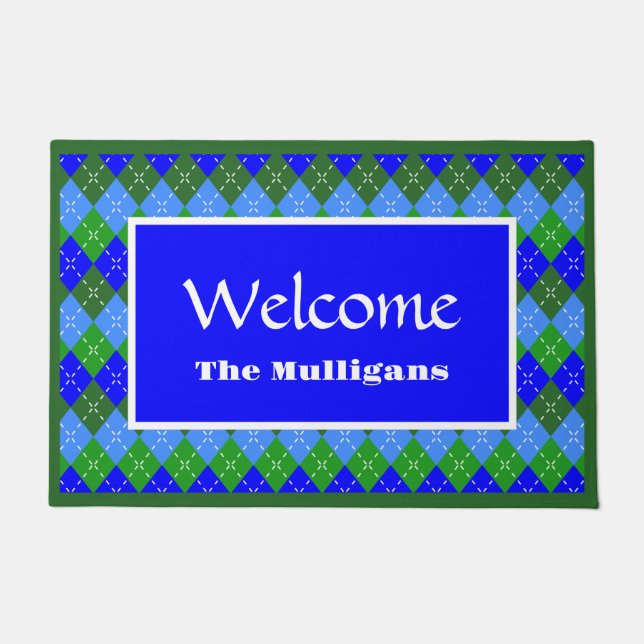 Blue and Green Argyle White Stitching Personalized Doormat (Front)