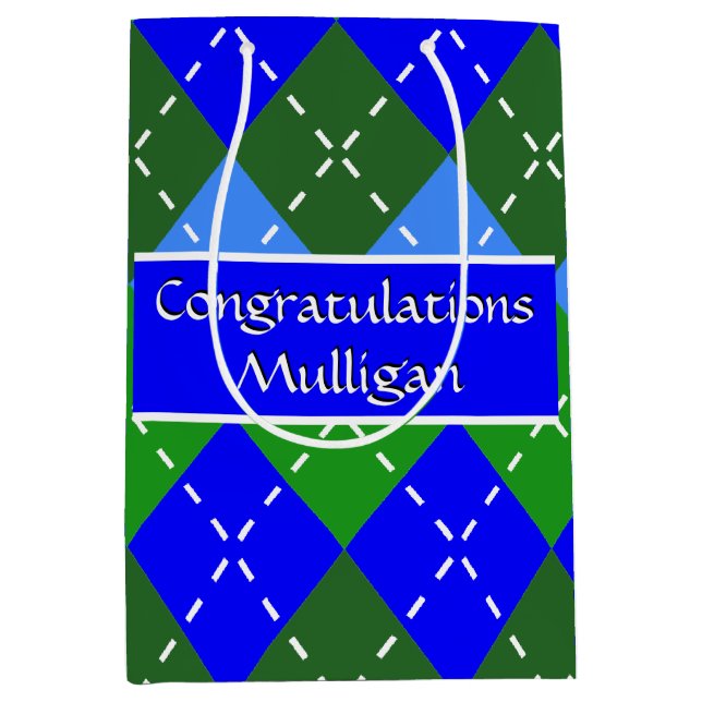 Blue and Green Argyle White Stitching Personalized Medium Gift Bag (Front)