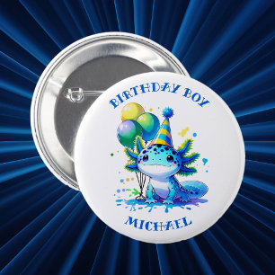 Blue and Green Axolotl Boy's Birthday Boy 2 Inch Round Button