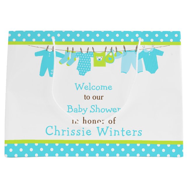 Blue and Green Baby Line Baby Shower Poster Large Gift Bag (Front)