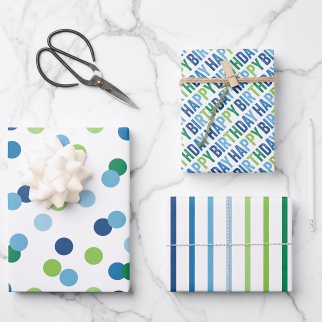 Blue and Green Boys Birthday Wrapping Paper Sheet (Front)