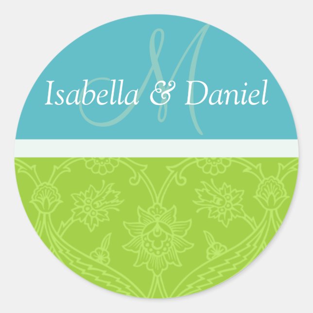 Blue And Green Bride And Groom Monograms Classic Round Sticker (Front)