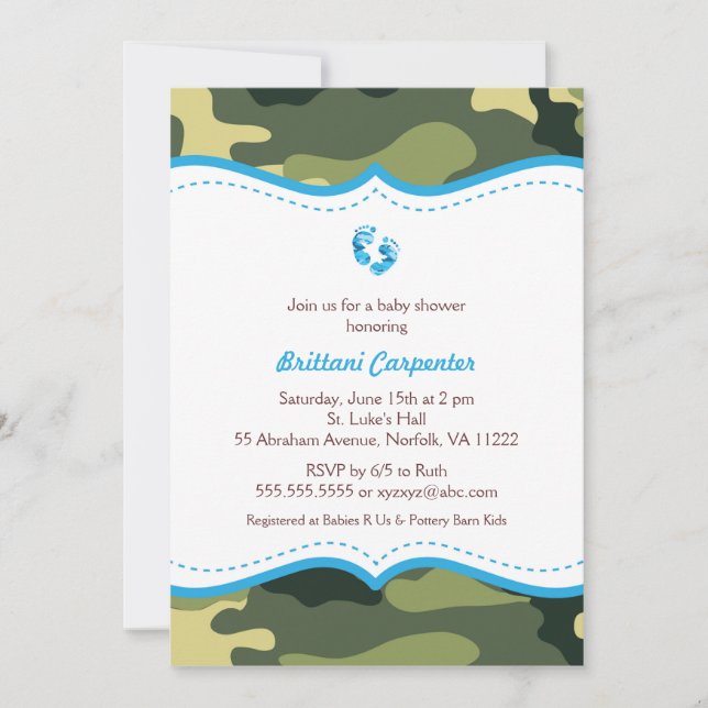 Blue and Green Camo Baby Shower Invites with feet (Front)