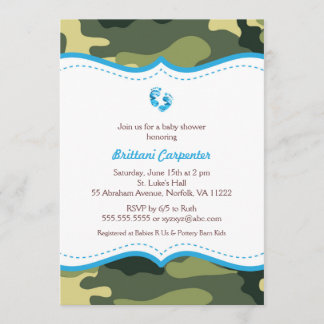 Blue and Green Camo Baby Shower Invites with feet