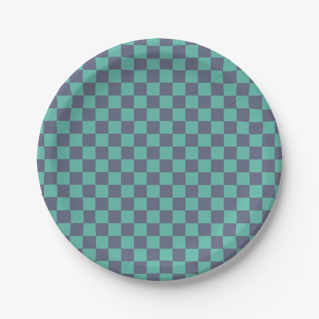 Blue and Green Chequerboard Paper Plate (Front)