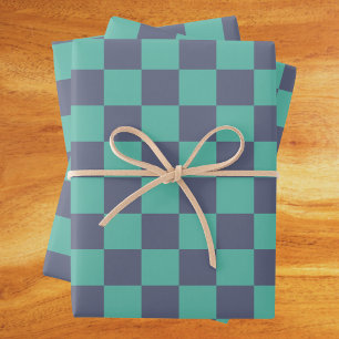 Blue and Green Chequerboard Wrapping Paper Sheet