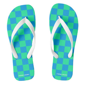 blue and green chequered flip flops