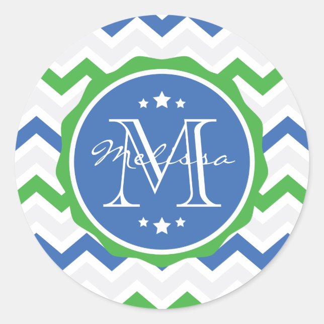 Blue and Green Chevron Custom Monogram Classic Round Sticker (Front)