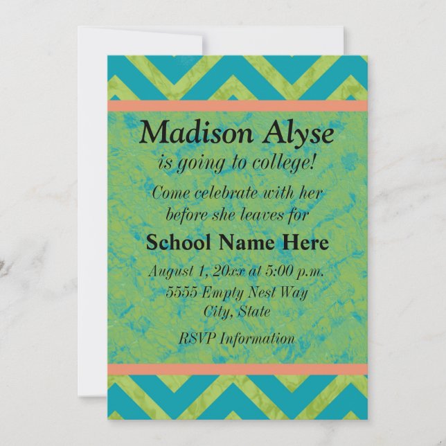 Blue and Green Chevron Off To College Party Invite (Front)