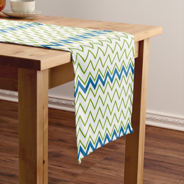 Blue and Green Chevron Pattern Short Table Runner (In Situ)