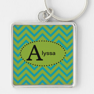 Blue and Green Chevron Personalized Keychain