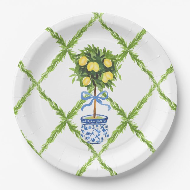 Blue and Green Chinoiserie Topiary Lemon Plates (Front)