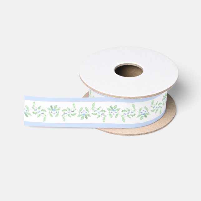 Blue and Green Christmas Holly Border Satin Ribbon (Spool)