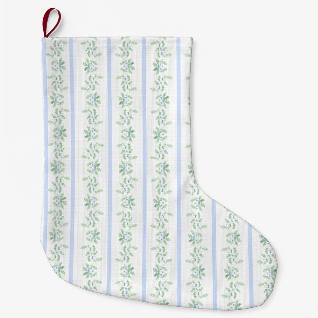 Blue and Green Christmas Holly Stripe Large Christmas Stocking (Front)