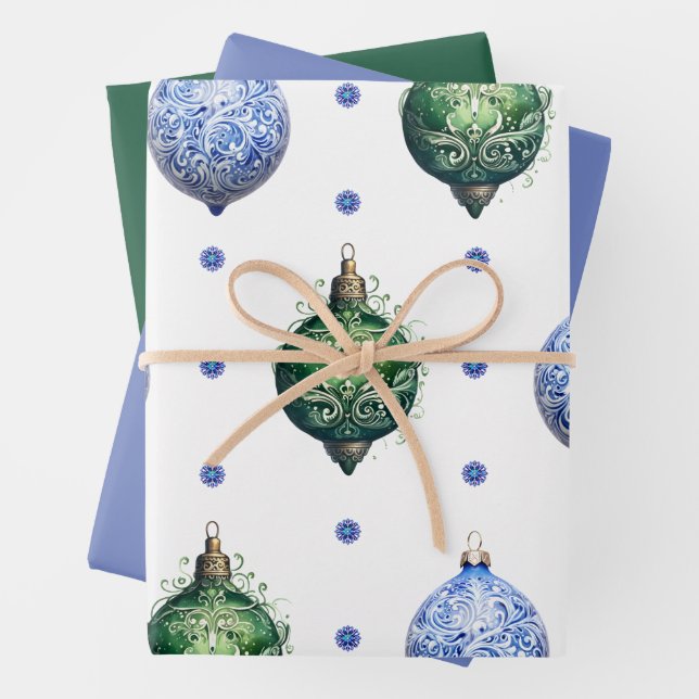 Blue and Green Christmas Ornaments & Matching Wrapping Paper Sheet (In situ)