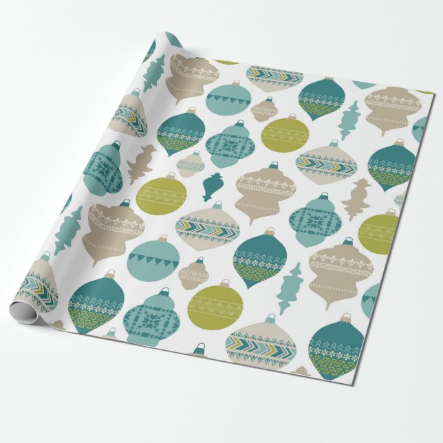 Blue and Green Christmas Ornaments Wrapping Paper (Unrolled)